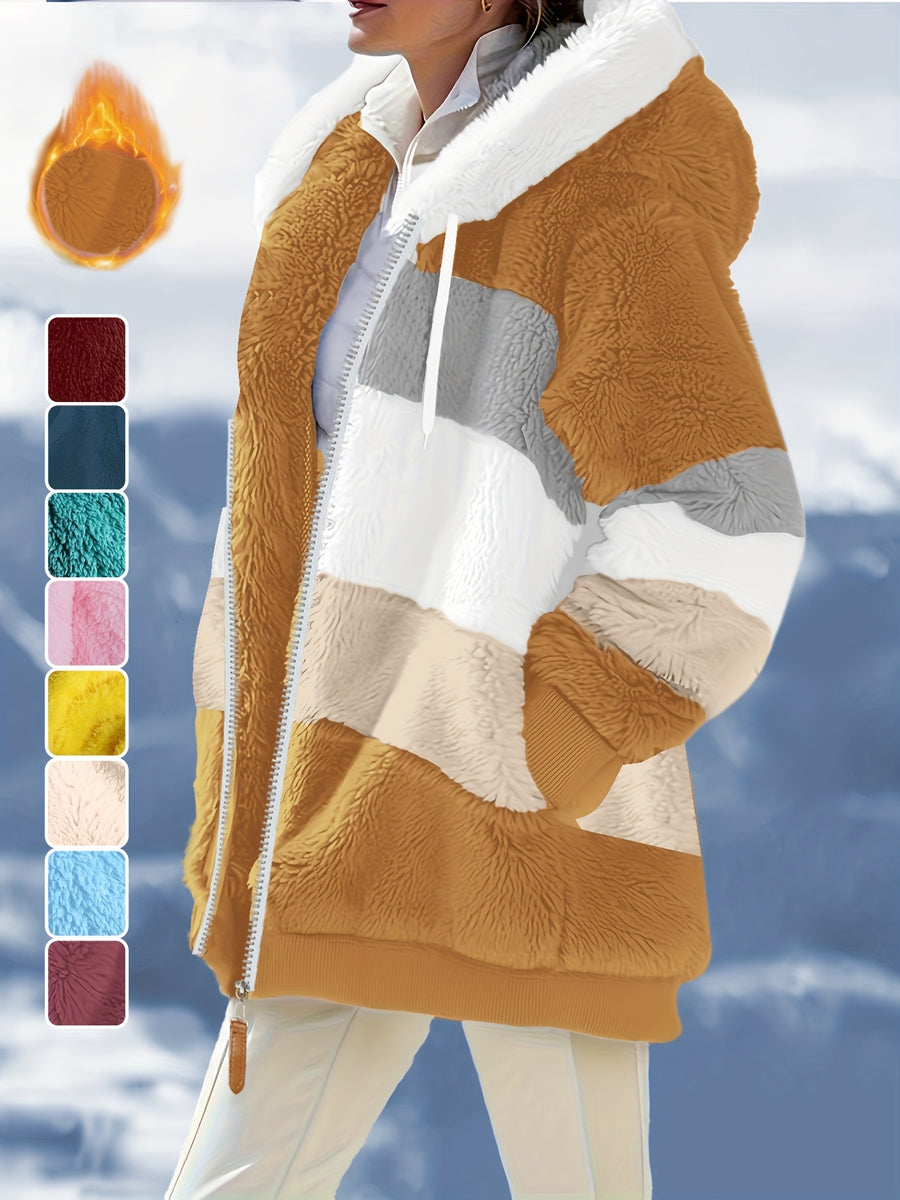 Women's Fuzzy Hooded Jacket Color Block Zip-Up Coat Warm Outerwear with Pockets for Autumn Winter Casual Outdoor Wear - Rust