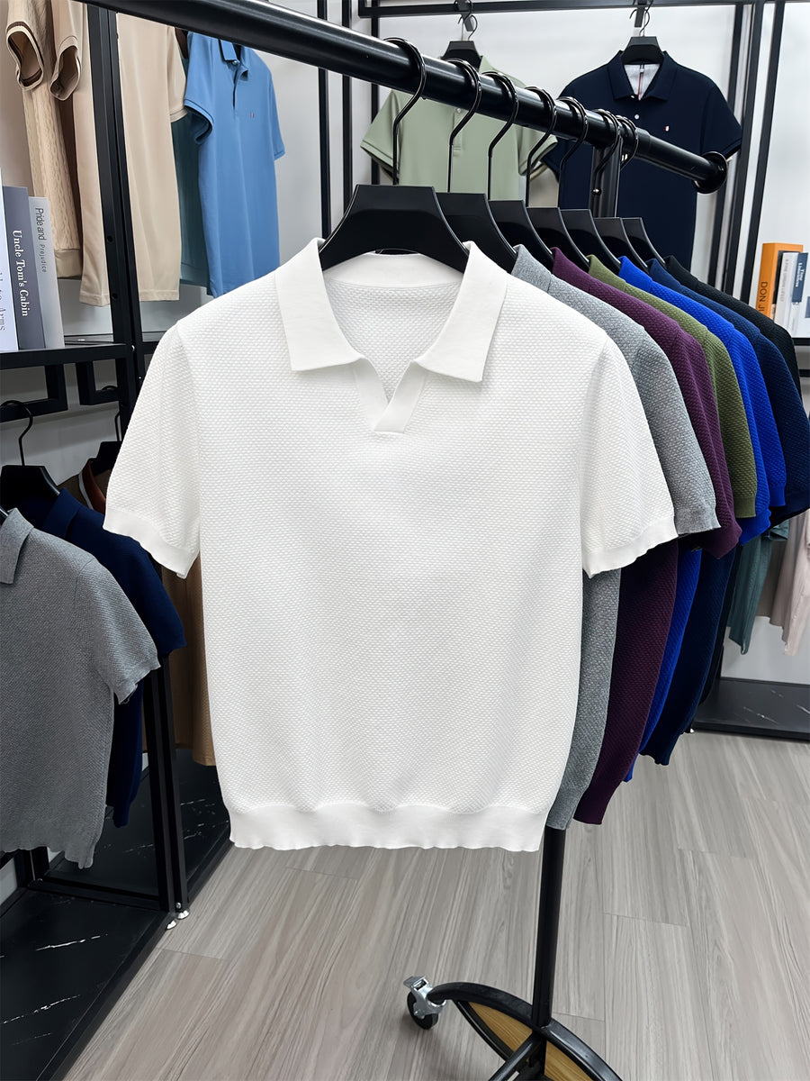 [Qiaoximei OBM] Summer Men'S Premium Casual Henley Shirt | Knit Style Men'S Top, Full Pineapple Jacquard Decoration, Summer Men'S Henley Collar Short Sleeve Base Layer, Lapel Men'S Top, Easy And Fresh for Single Wear - White