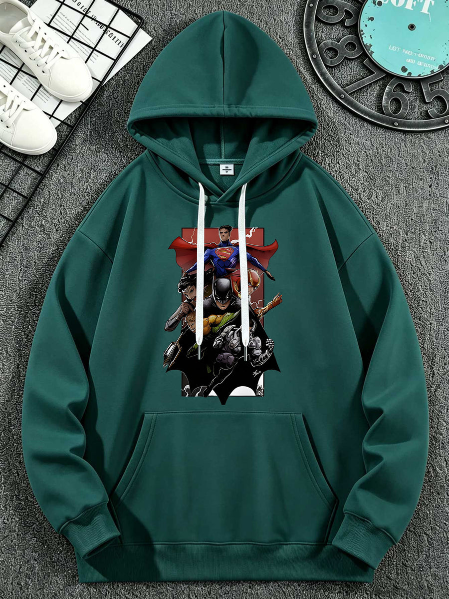 Warner Bros. DC Authorizes Justice League Multi Hero Bat Logo Collection Print Superhero Casual Hooded Sweatshirt - Dark Green