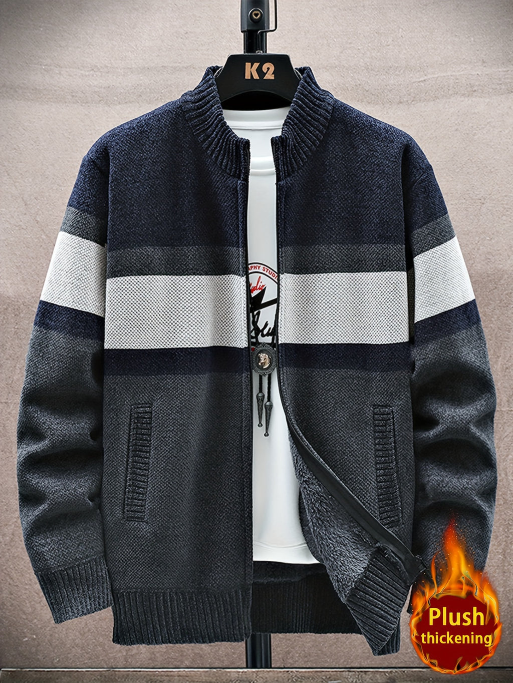 Men'S Autumn Winter Striped Contrasting Stand Up Collar, Thick Knit with Velvet, Zipper Jacket, Suitable for Autumn Winter Outdoor (Selected from Temujin) - Navy Color