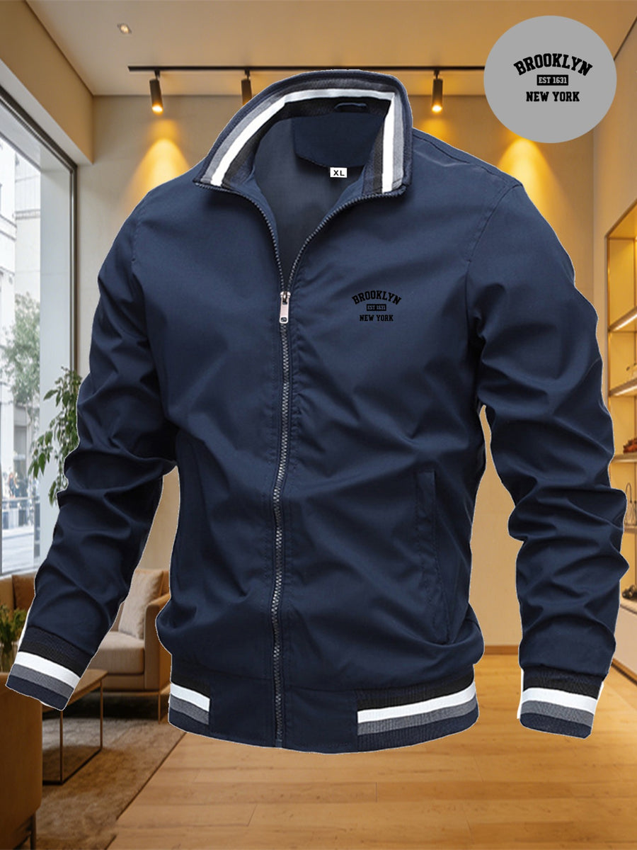 Lightweight Windproof Casual Coat with a Vintage Baseball Collar for Men, Inspired by Brooklyn, New York - Navy Color