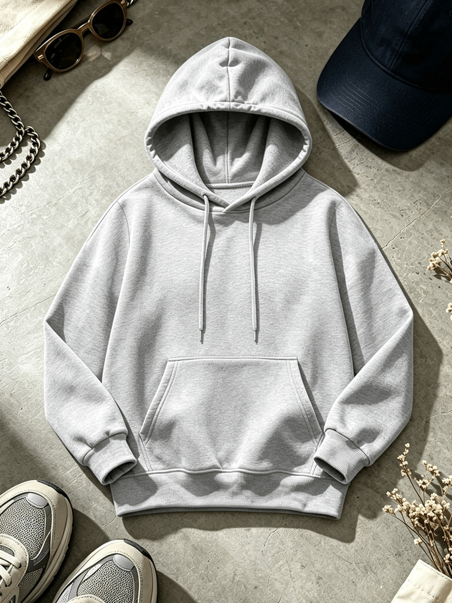Men's Casual Solid Color Hooded Sweatshirt - Adjustable Drawstring Hood + Front Kangaroo Pocket, Machine Washable Wrinkle-Resistant Fabric, Suitable for Casual Wear and Light Sports, Comfortable Long-Sleeve Hooded Top for Daily Commutes and Outings - Grey