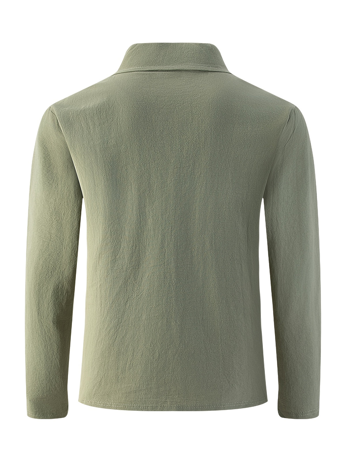Men'S Linen Long Sleeve Polo Shirt with Chest Pocket - Military Green