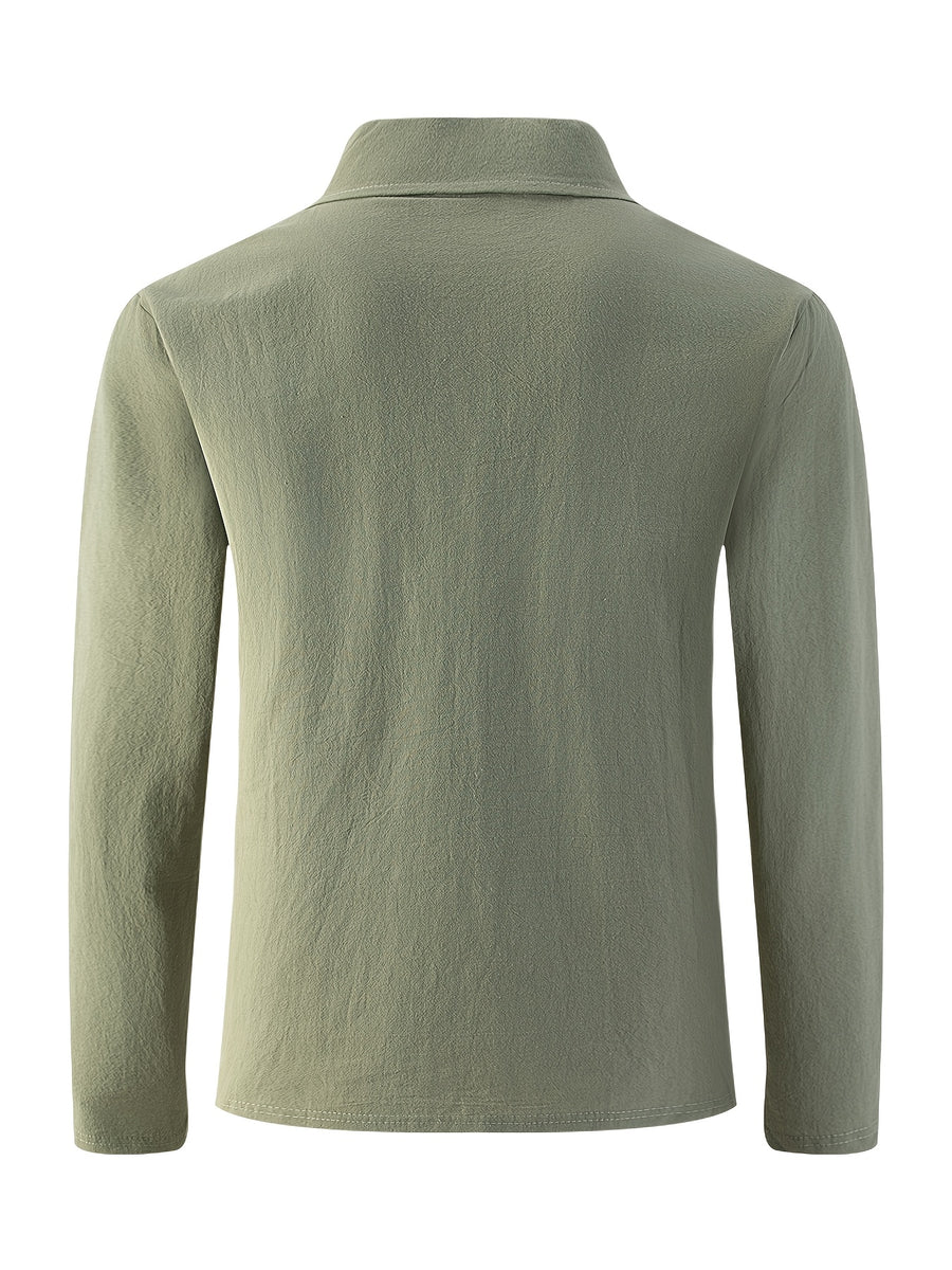 Men'S Linen Long Sleeve Polo Shirt with Chest Pocket - Military Green