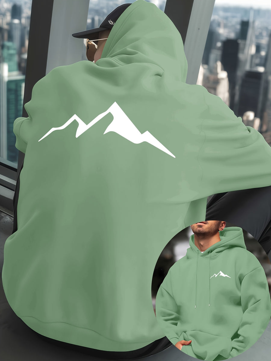 Mountain Men'S New Trendy Autumn Winter Hooded Sweatshirt, Casual Daily Drawstring Hoodie Creative Design Print, Kangaroo Pocket, Unisex Top - Light Green