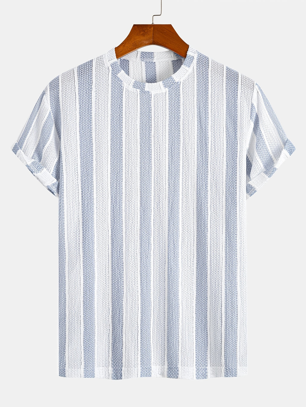 Men'S Vertical Striped Textured Knit T-Shirt, Breathable Jacquard Crew Neck Short Sleeve Tee, Casual Summer Fashion Shirts for Daily Wear - Light Blue