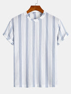 Men'S Vertical Striped Textured Knit T-Shirt, Breathable Jacquard Crew Neck Short Sleeve Tee, Casual Summer Fashion Shirts for Daily Wear - Light Blue