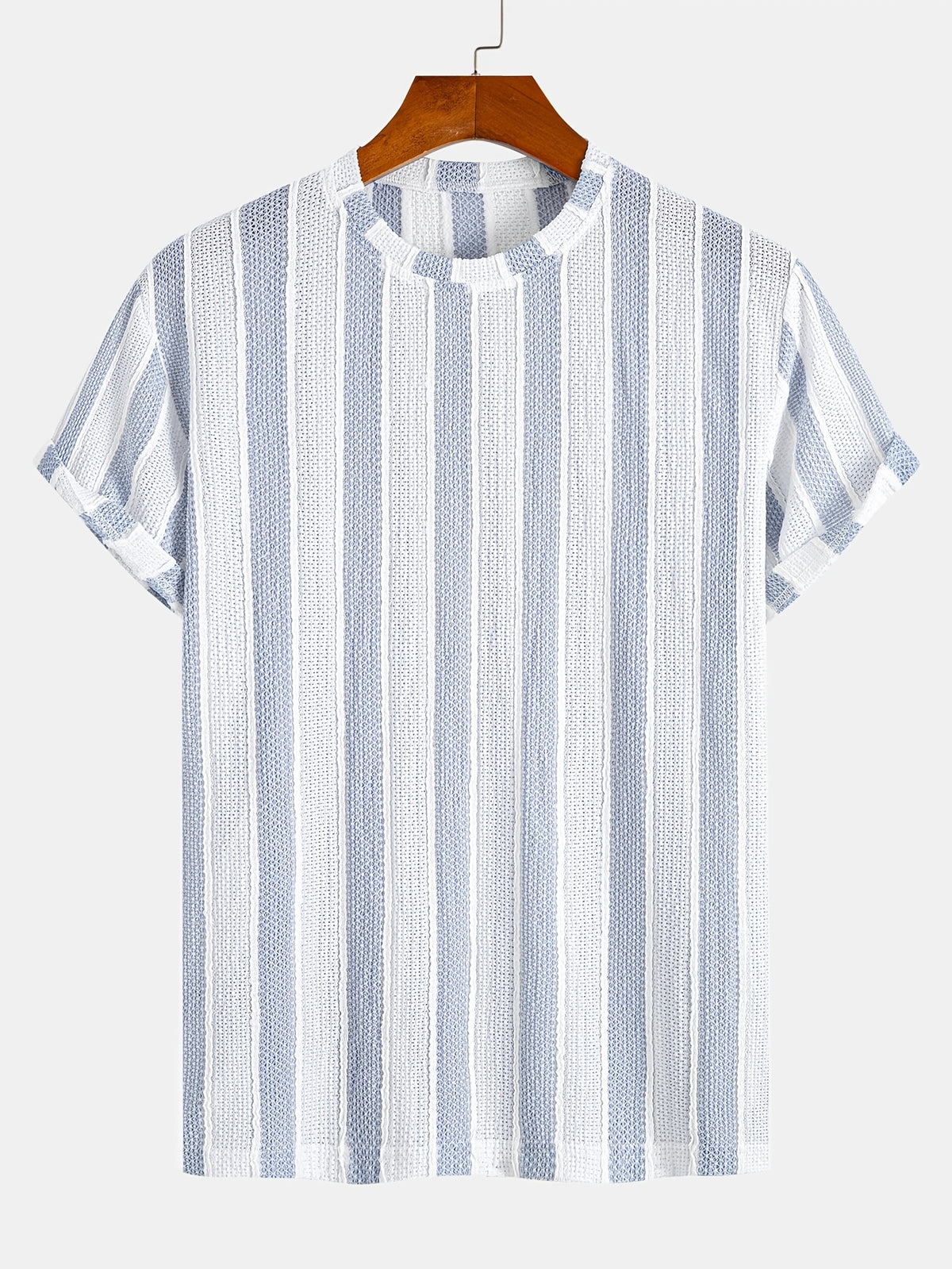Men'S Vertical Striped Textured Knit T-Shirt, Breathable Jacquard Crew Neck Short Sleeve Tee, Casual Summer Fashion Shirts for Daily Wear - Light Blue