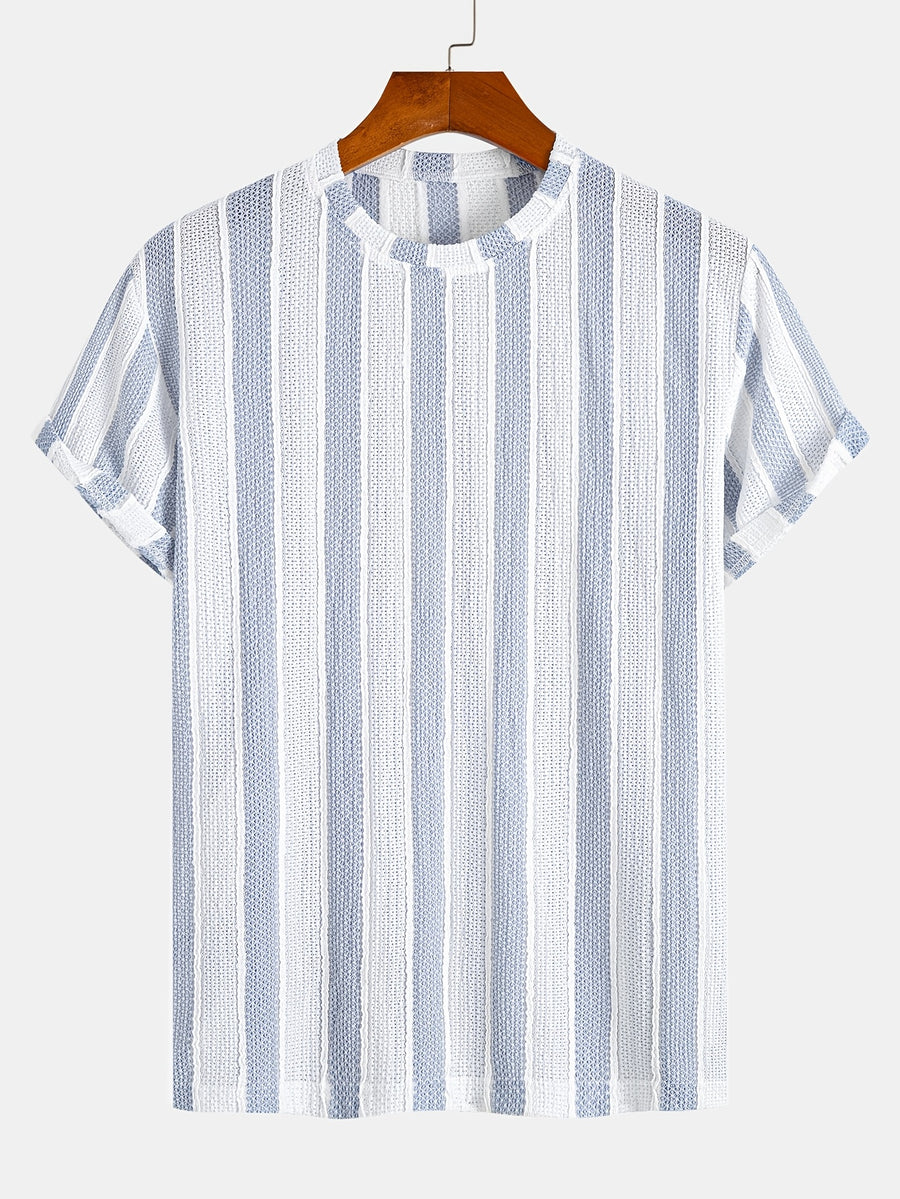 Men'S Vertical Striped Textured Knit T-Shirt, Breathable Jacquard Crew Neck Short Sleeve Tee, Casual Summer Fashion Shirts for Daily Wear - Light Blue