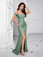 New Arrival Evening Gown: High-End Off-the-Shoulder Boned Bodycon Dress, Light Luxury Temperament Banquet Gown, High Slit Maxi Dress, Solid Color Waist-Cinching Evening Dress - Green