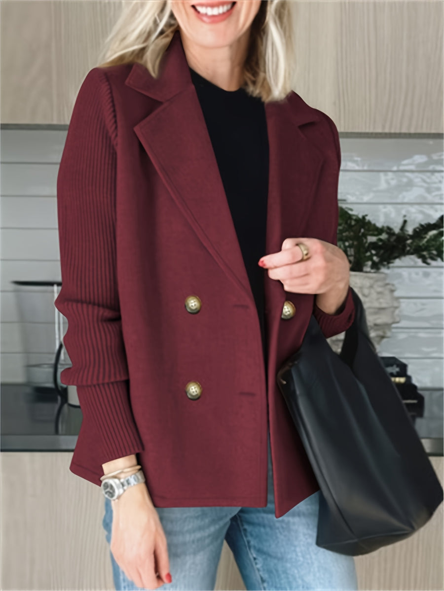 New European and American Women's Suit Jacket, Fashionable and Elegant Fabric Patchwork Double-Breasted Tweed Coat for Women - Burgundy