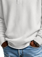 Men'S Waffle Checkered Color-Block Long Sleeve Collared Sweatshirt, Solid Color Patchwork Pullover, Traditional Casual Design with Outdoor Layering Long Sleeve, Suitable for Various Activities - White