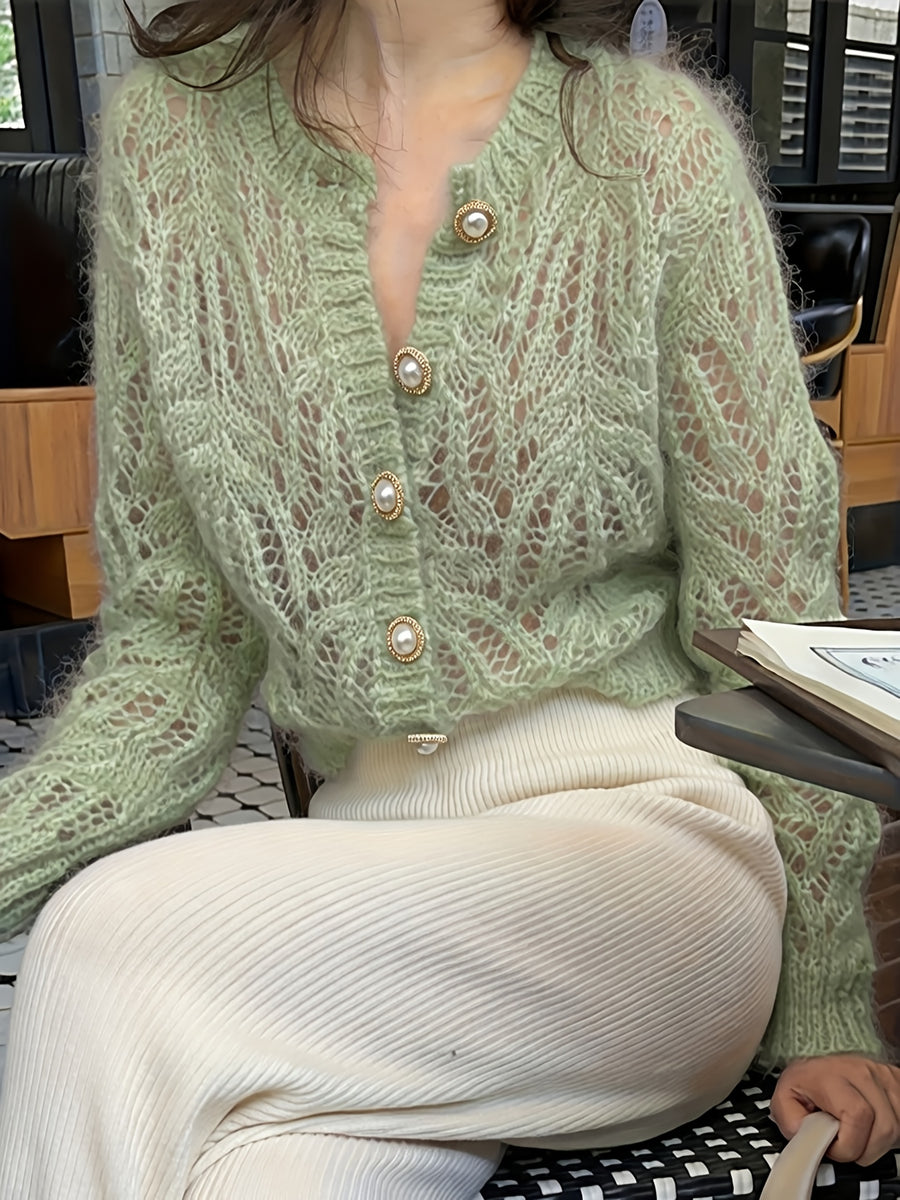 Women'S Cardigan - Single-Breasted Design, Commuting Fashion Choice, Loose Soft And Comfortable, Translucent Fabric, Long Sleeve Style, Casual Autumn And Winter Style, Straight Long Sleeve, Women'S Cardigan Top - Matcha Color