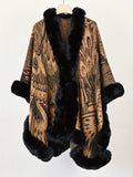 Women's Faux Trim Cape Shawl, Pea Rooster Pattern Acrylic Poncho Wrap, Open Front Sleeveless Fall Winter Outerwear - Dark camel