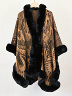 Women's Faux Trim Cape Shawl, Pea Rooster Pattern Acrylic Poncho Wrap, Open Front Sleeveless Fall Winter Outerwear - Dark camel