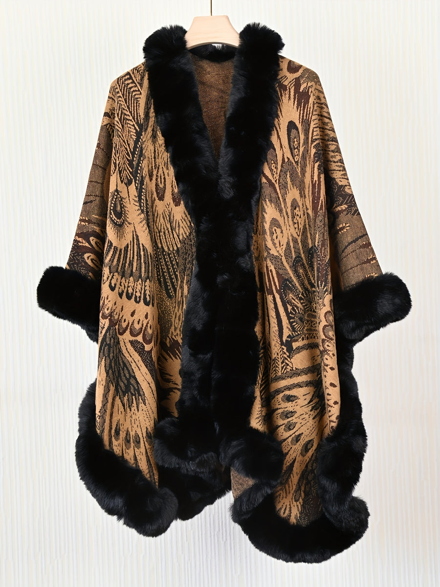 Women's Faux Trim Cape Shawl, Pea Rooster Pattern Acrylic Poncho Wrap, Open Front Sleeveless Fall Winter Outerwear - Dark camel