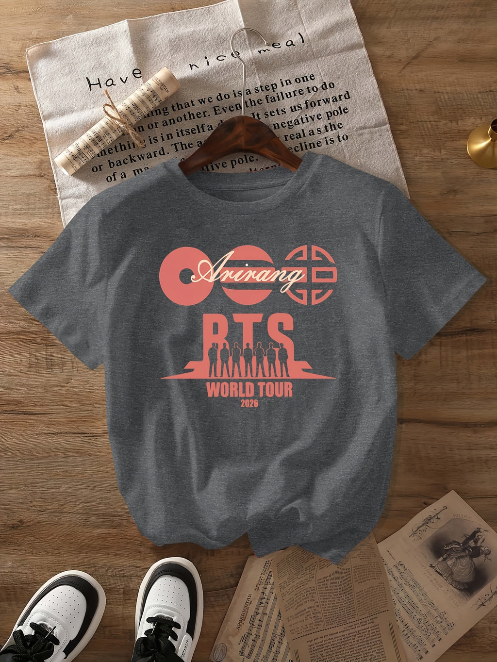 World Tour Arirang Pattern T-shirt, Short-sleeved Crew Neck Casual Top, Summer and Spring, Women's Wear - Dark Gray