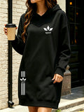 Letter Print Hooded Sweatshirt Dress Women'S Oversize Loose Mid-Length Three-Bar Sweatshirt Dress Autumn And Winter Casual Versatile Style - Black