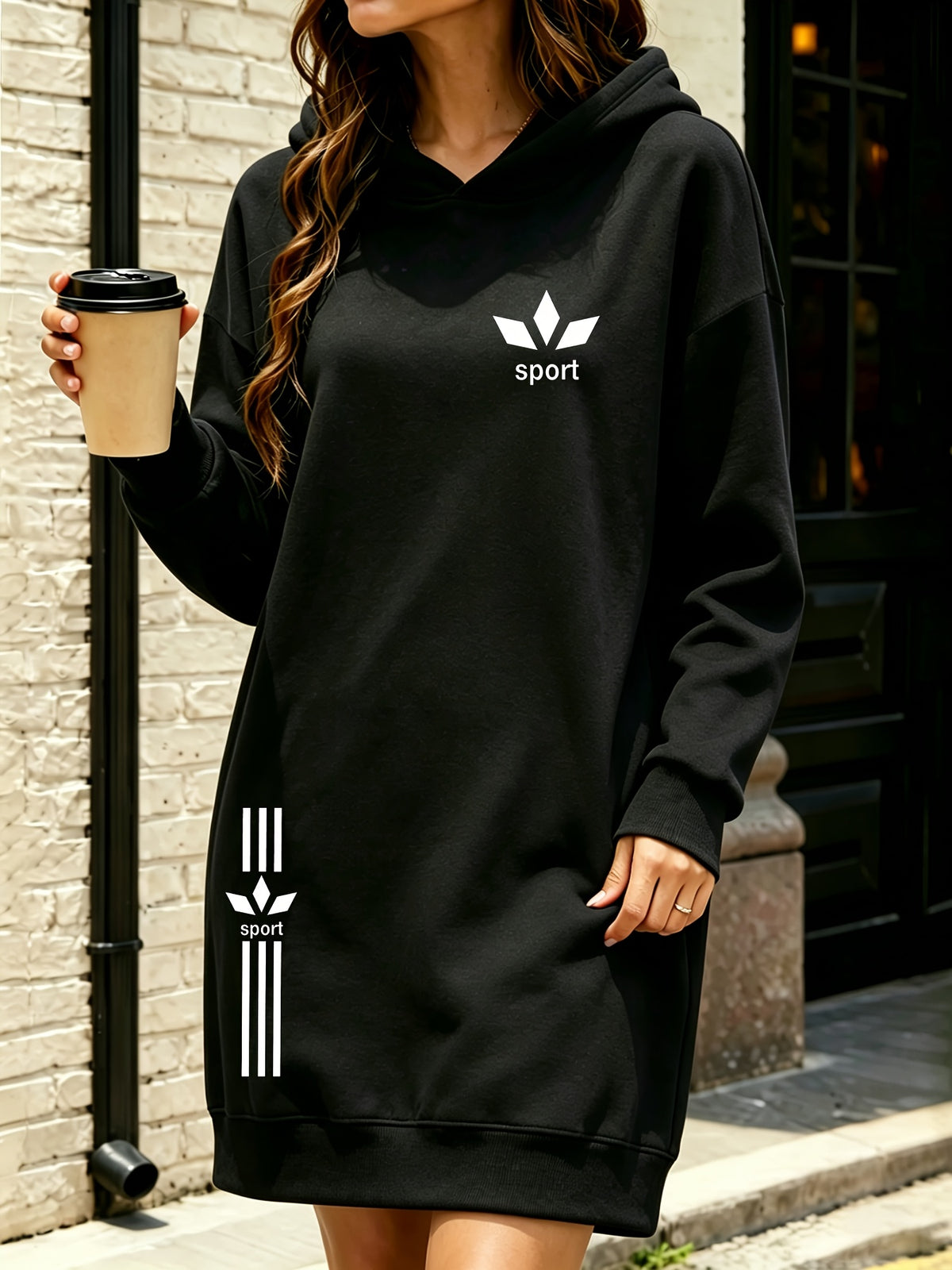 Letter Print Hooded Sweatshirt Dress Women'S Oversize Loose Mid-Length Three-Bar Sweatshirt Dress Autumn And Winter Casual Versatile Style - Black