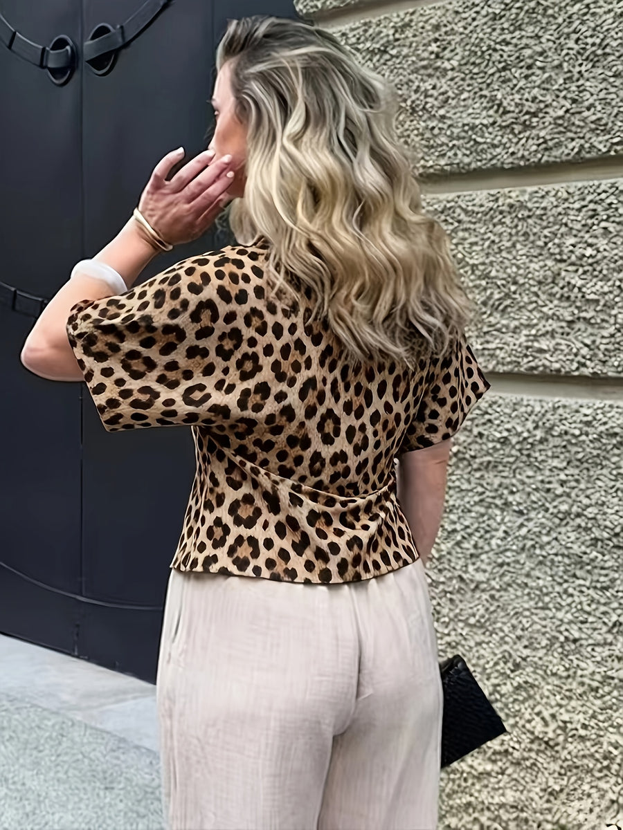 Women'S Spring Summer New French V-Neck Leopard Print Button Waist-Cinching Short Sleeve Shirt - Mixed colors