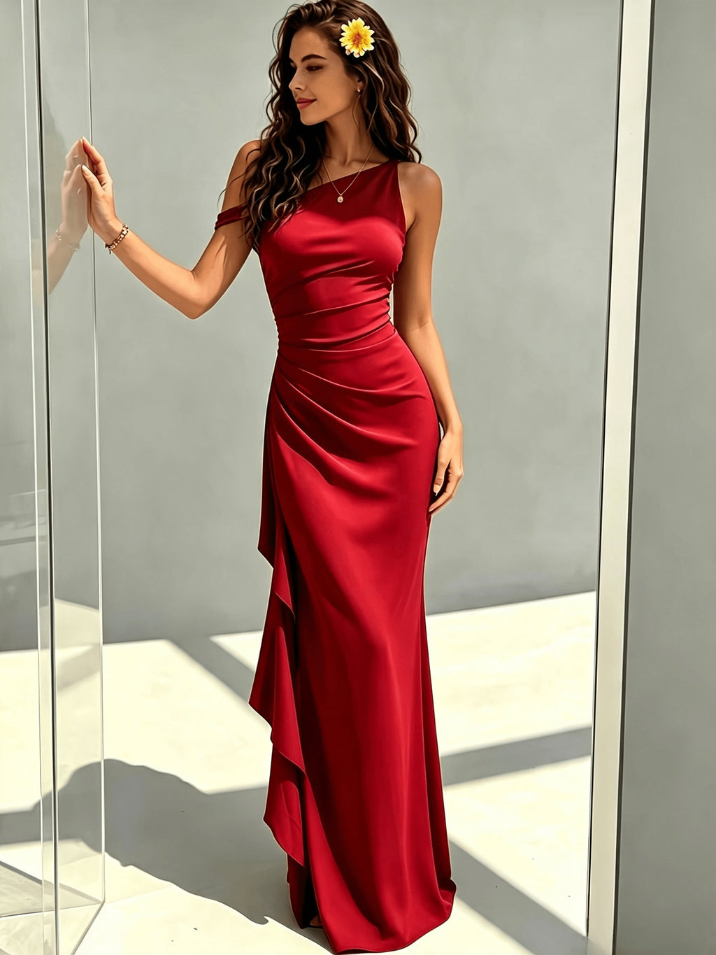 Women's Elegant Off-Shoulder Bridesmaid Dress with Twist Knot Strapless High Slit & Ruffled Wrap - Machine Washable Wedding Party Dress Suitable for Prom, Valentine's Day, Special Occasions, Long Evening Gown - Burgundy