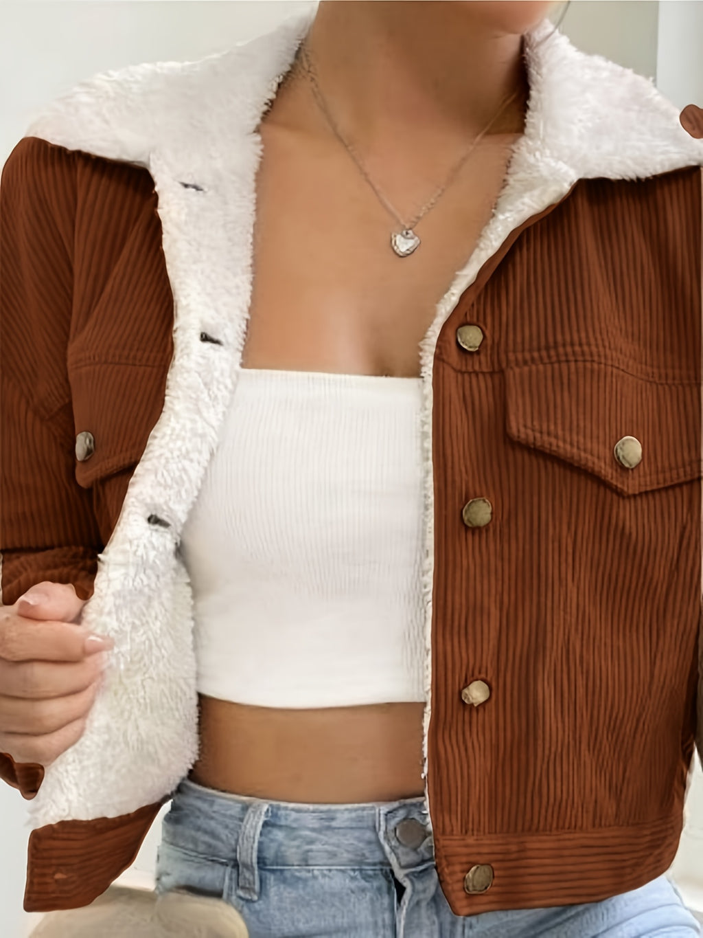 Women'S Short Corduroy And Lamb Jacket for Autumn And Winter, Featuring a Fleece Collar, Versatile Korean-Style Warm Top - Dark Brown