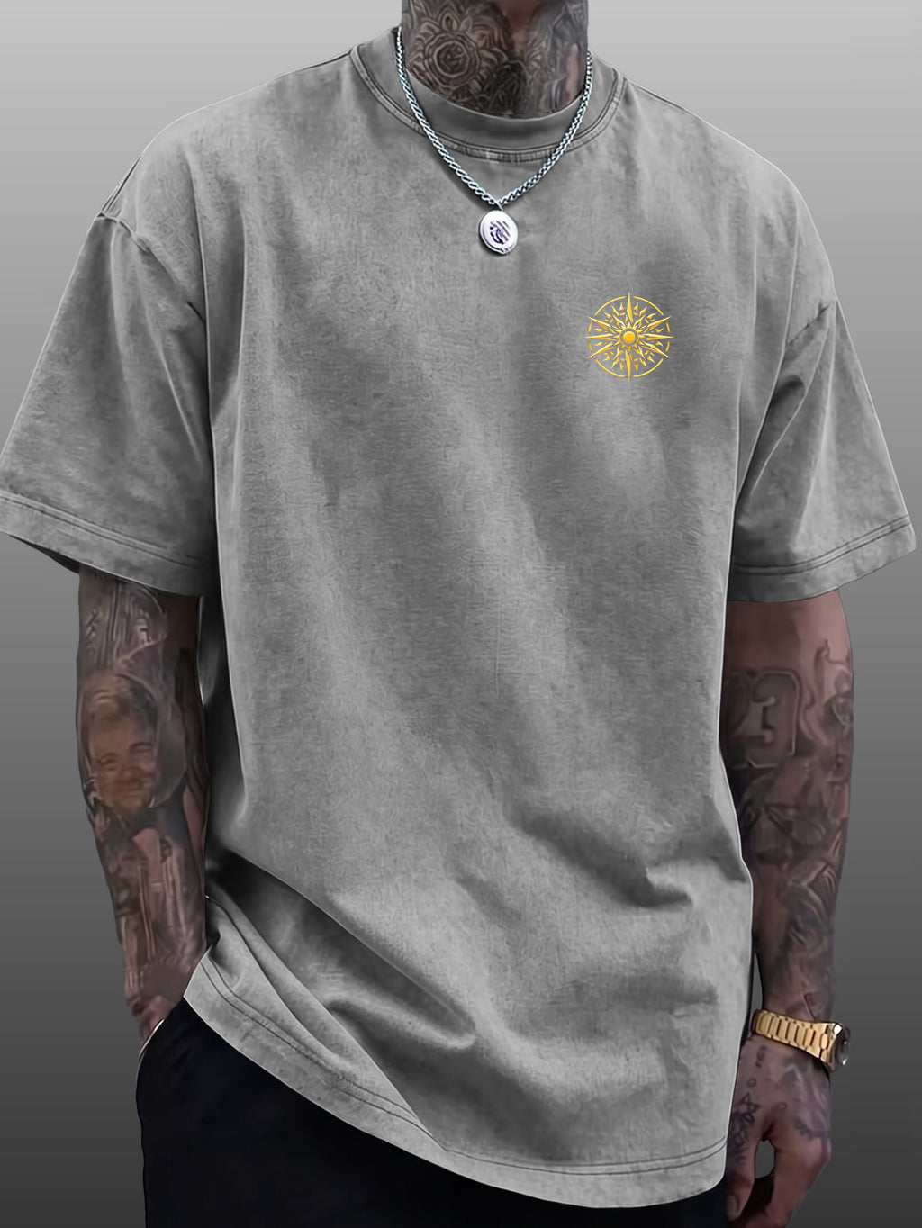 Men's Short-Sleeve T-Shirt, Pure Cotton Loose Fit Washed Distressed Top, Golden Compass Sun Pattern Trendy Reversible Double-Sided Print, Multiple Colors for  Mix & Match, American Streetwear High Street Hip-Hop Style, for Daily Outings - Grey