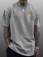 Men's Short-Sleeve T-Shirt, Pure Cotton Loose Fit Washed Distressed Top, Golden Compass Sun Pattern Trendy Reversible Double-Sided Print, Multiple Colors for  Mix & Match, American Streetwear High Street Hip-Hop Style, for Daily Outings - Grey