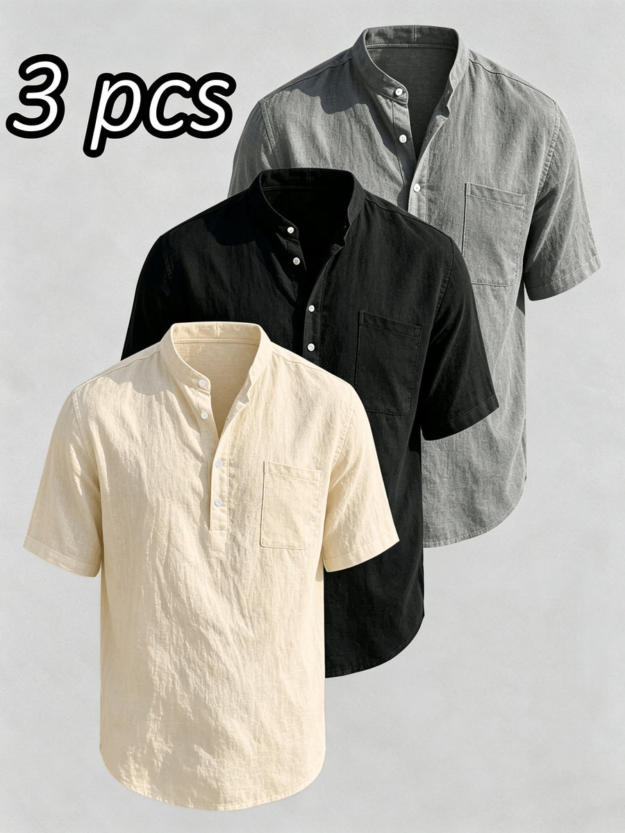Men'S 3pcs Set of Stand-Collar Henley Short-Sleeve Shirts, Summer Thin Casual Button-Up Shirts, Chest Pocket Loose Breathable Solid-Color Short-Sleeve Tops - Khaki+Black+Gray