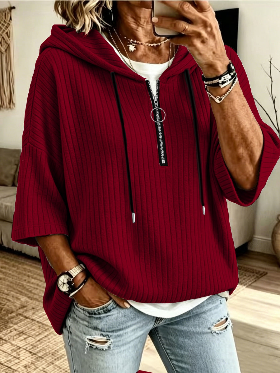 Fashionable Hooded Sweatshirt Autumn New Women'S Short Sleeve Hoodie, Elegant Ribbed Material, Hooded Sweatshirt Suitable for Daily Commute Office Wear, Party Outing Outdoor Wear - Red
