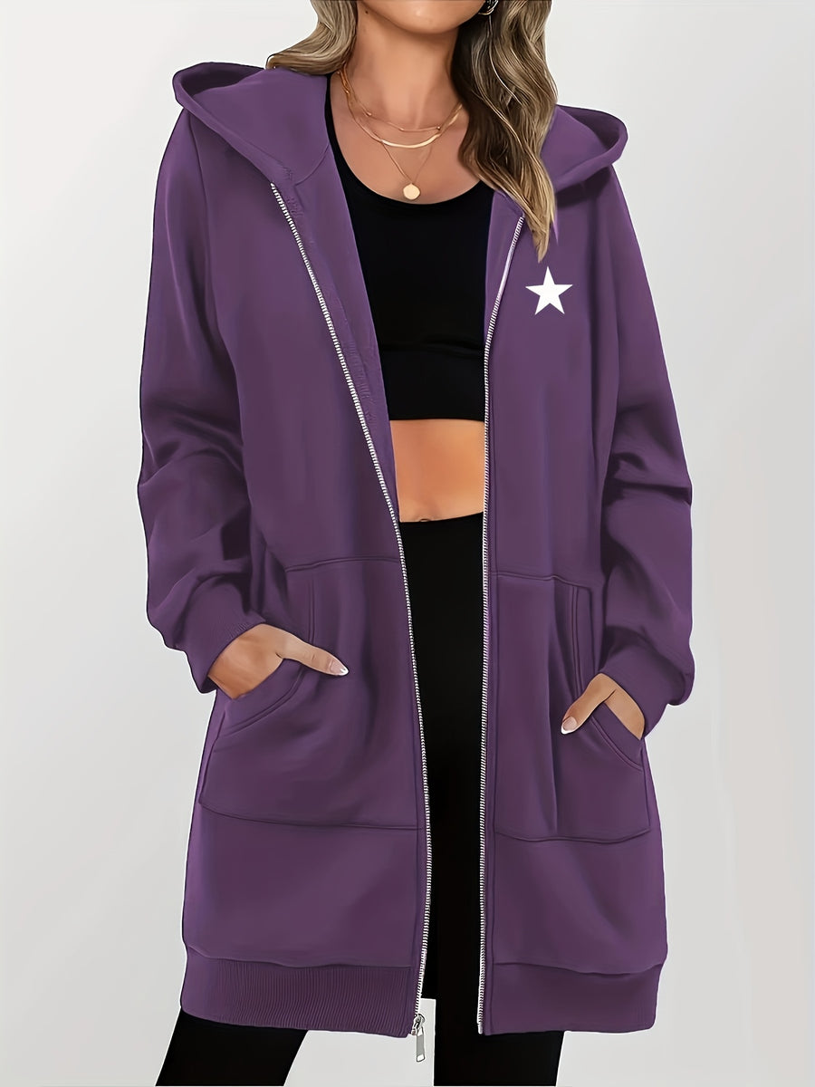 Women's Star Pattern Print Hoodie, Fashionable Zip-Up Hooded Sweatshirt for Women - Purple