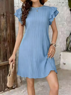 Spring Summer New Fashion Easy Round Neck Beautiful Women'S Ibiza Beach Solid Color Dress - Light Blue