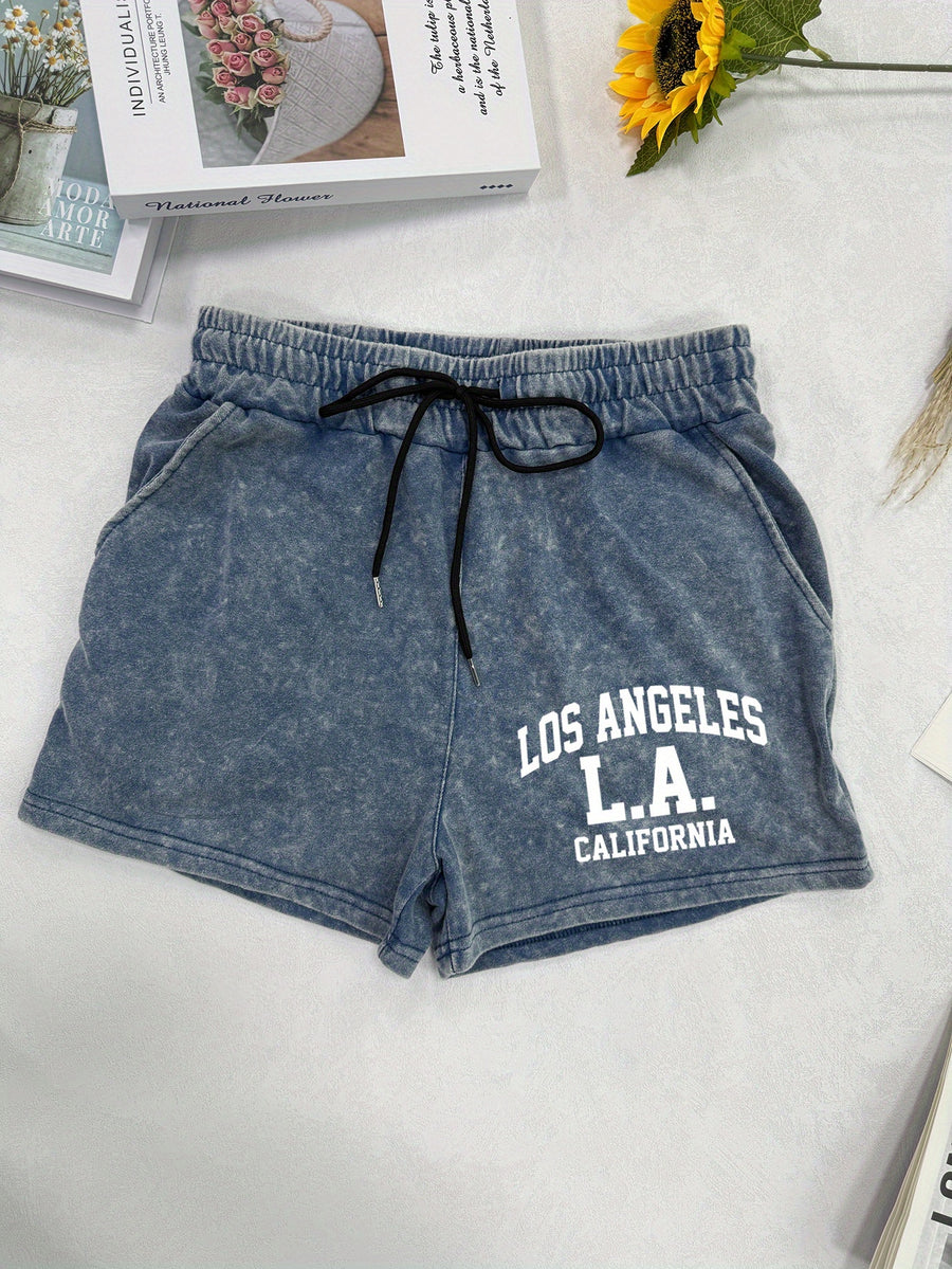 Small Niche Design, Fashionable and Trendy Patterns, Printed Women's Summer Retro Washed Distressed Shorts, Loose and Casual - Blue