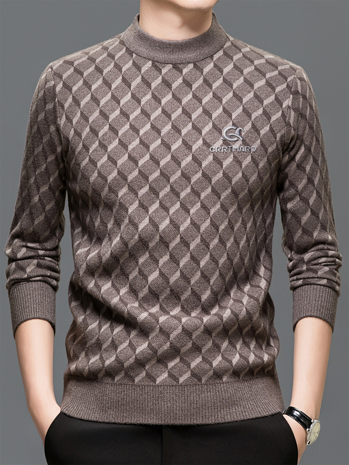 ZBZP Autumn Winter Knit 3D Solid Mid-High Neck Sweater, Basic Knit Pullover Top for Men, Fashion Long Sleeve Sweater QSDS - Camel