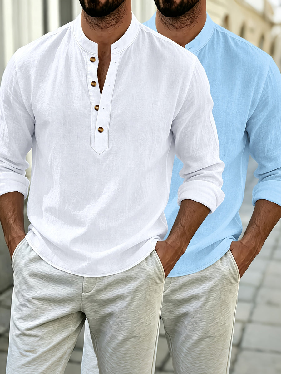 2pcs Men's Solid Color Pullover Henley Shirt, Long Sleeve, Regular Fit for Spring/Autumn, Casual Outings and Parties - Light White+Blue
