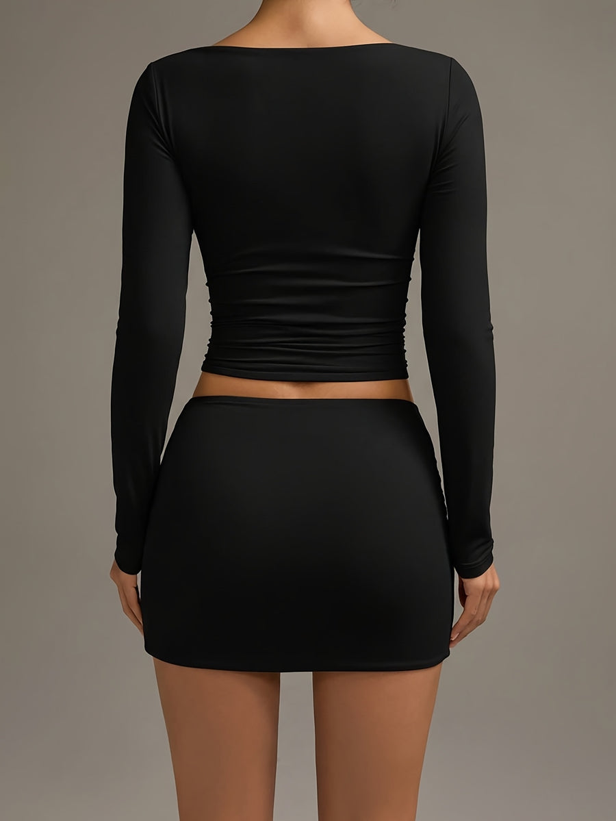 Women's Skirt, Black Pleated Slim-fit Elegant Mini Skirt - Black