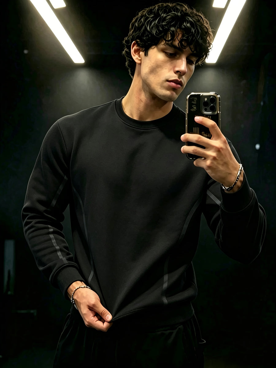 Men's Crewneck Sweatshirt, a Versatile Casual Top for Spring and Autumn, Featuring Side Line Detailing. Suitable for Daily Commutes, Streetwear Outings, Light Sports, and Casual Gatherings, This Basic Men's Sweatshirt Is Easy to Pair with Any Outfit - Black