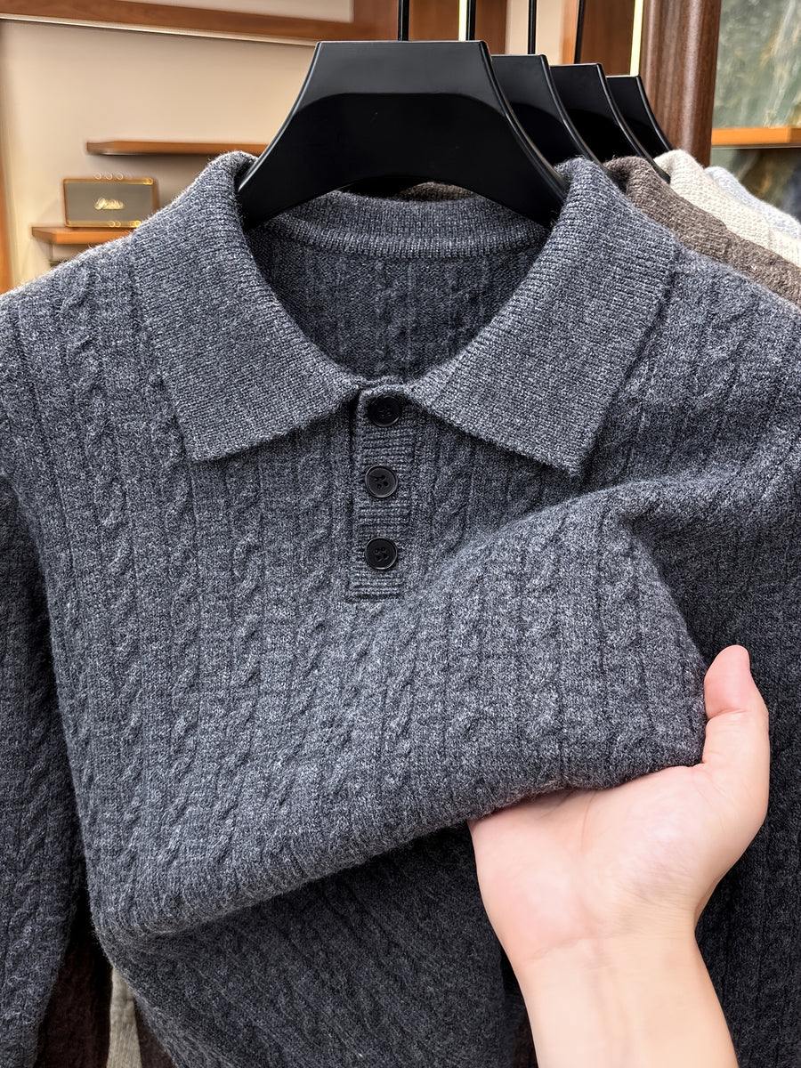 Men's Lapel-neck Autumn/winter Warm Sweater, Classic Cable Knit Texture with Soft, Skin-friendly Fabric, Casual and Fashionable Everyday Knitwear - Dark Gray