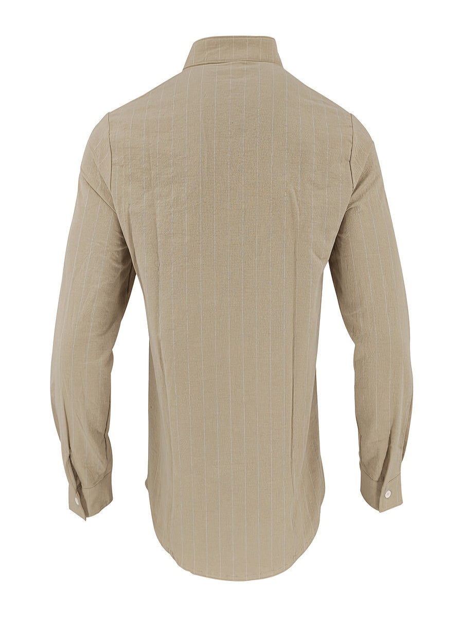 Men's Linen Long-Sleeve Striped Shirt for Spring, Autumn, and Summer, Suitable for Casual, Commuting, and Outings - Khaki
