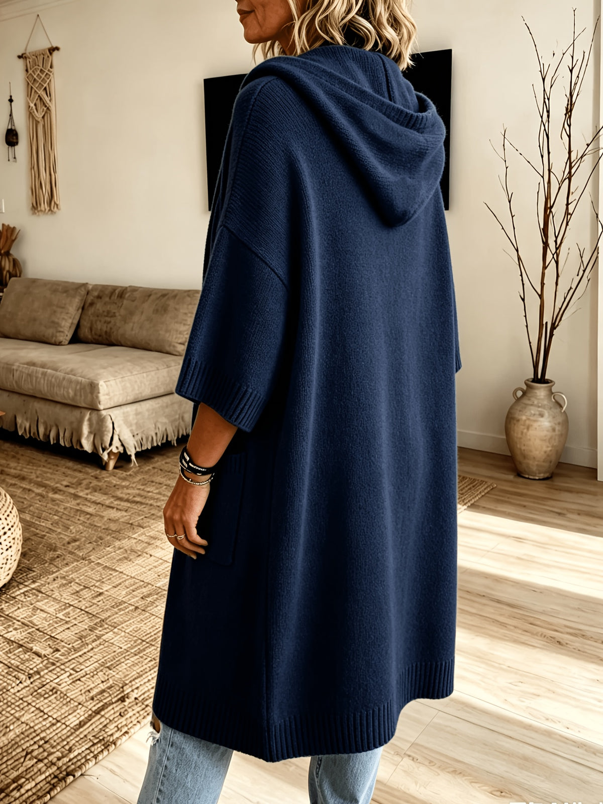 Plus Size - Women'S Spring Autumn Elegant Casual Cute Sexy Gentle Solid Color Hooded Drawstring Thick Long Sleeve Soft Warm Coat Button-Up Cardigan Jacket - Navy Color
