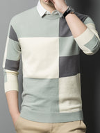 Men's Color-Blocked Checkered 2-in-1 Look Crewneck Knit Sweater, Eliminating the Need for an Inner Shirt, Creating a Visually Layered Look with a Light Business Vibe - SINBOS - Green