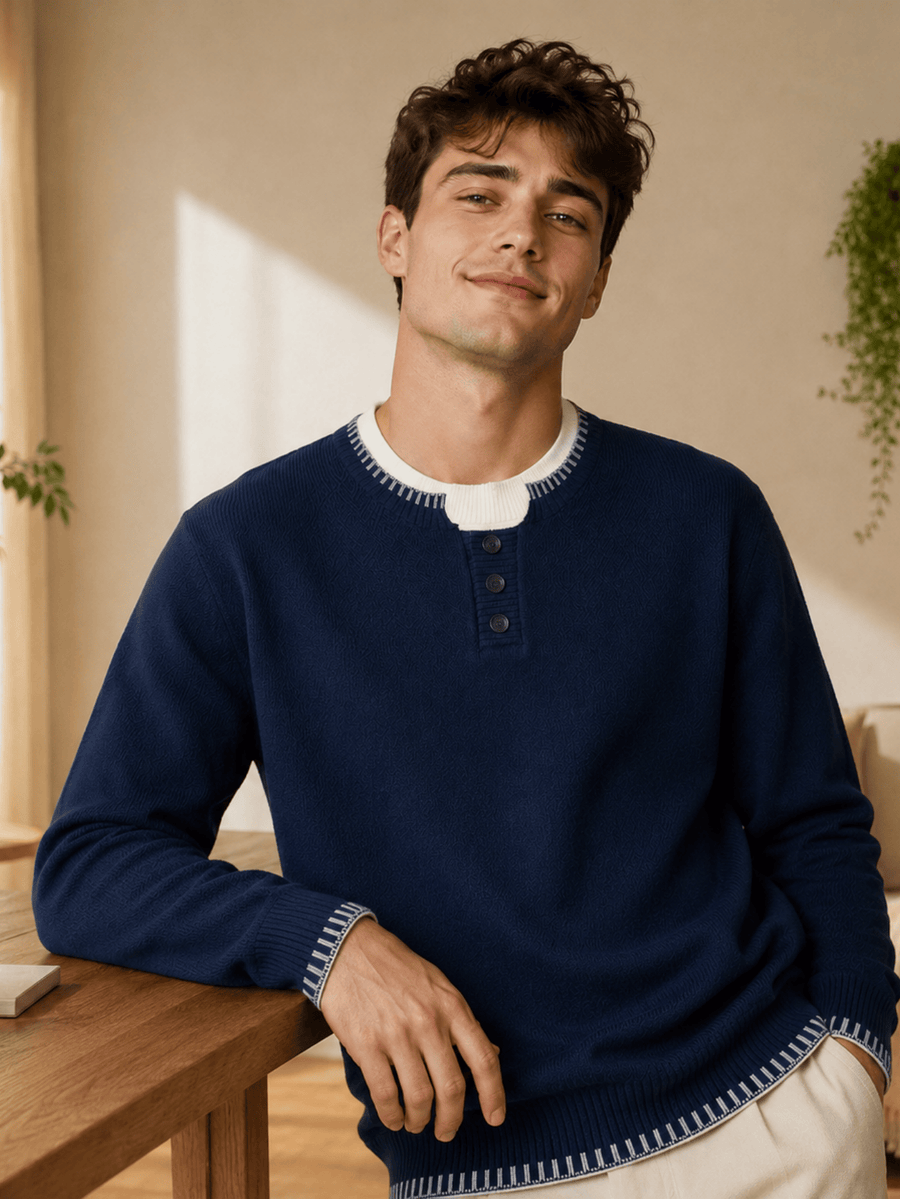 Men's and Women's Casual Sweater, Trendy Versatile Winter Henley Collar 2-in-1 Look Knit Top and Inner Base Layer, JKXN-1171 - Navy Color