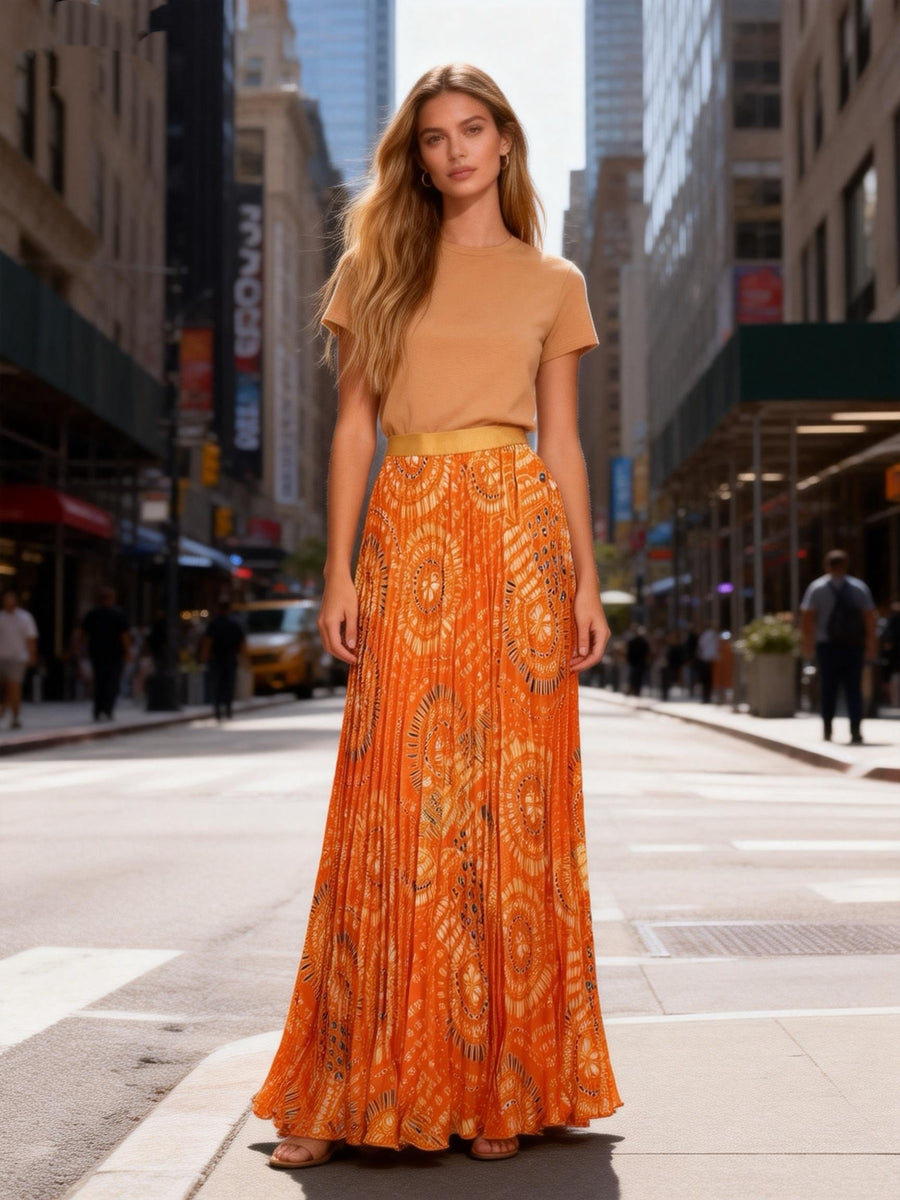 Summer High-End Print Long Dress Pleated Large Swing Skirt - Yellow