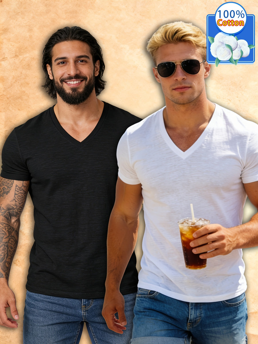 2pcs Set Men'S Summer Pure Short Sleeve T-Shirts Trendy Versatile Fresh Breathable Soft Outerwear - Mixed colors