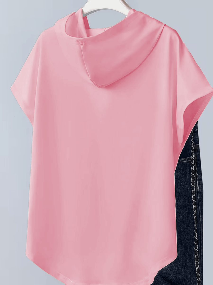 Cartoon Print Sporty Casual Style Women's Apparel, Hooded Loose Fit Design, Soft and Comfortable Top, Elegant Fashionable T-Shirt Hoodie with Short Sleeves, Suitable for Spring, Summer, Autumn, and Winter - Pink