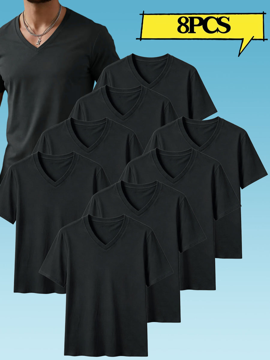 8pcs Men's Casual Knit Ribbed V-Neck T-Shirt / Soft and Comfortable Fabric / Short Sleeve / Solid Color / Crew Neck / Back-to-School Season, Casual Sporty Design Top, Multiple Colors Available, Suitable for Summer Daily Wear - 8pcs Dark Gray