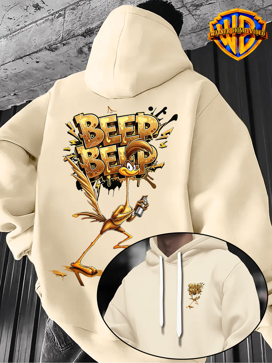 [Warner Bros. Official License] Retro Hip-Hop Golden BEEP Letter Spray Beep Bird Unisex Print Hoodie for - Men'S Fashion Sweatshirt with Double-Sided Print, Adjustable Drawstring Loose Comfortable Hoodie, Suitable for Daily And Outdoor Wear - Apricot