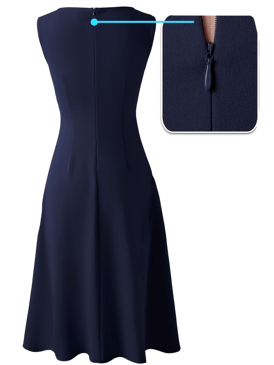 Summer Fashion Simple Women's Round Neck Sleeveless Cinched-waist Crossover Irregular Ruffle Mid-length Dress, Suitable for Formal Occasions Such as Business Banquets and Wedding Parties - Navy Color