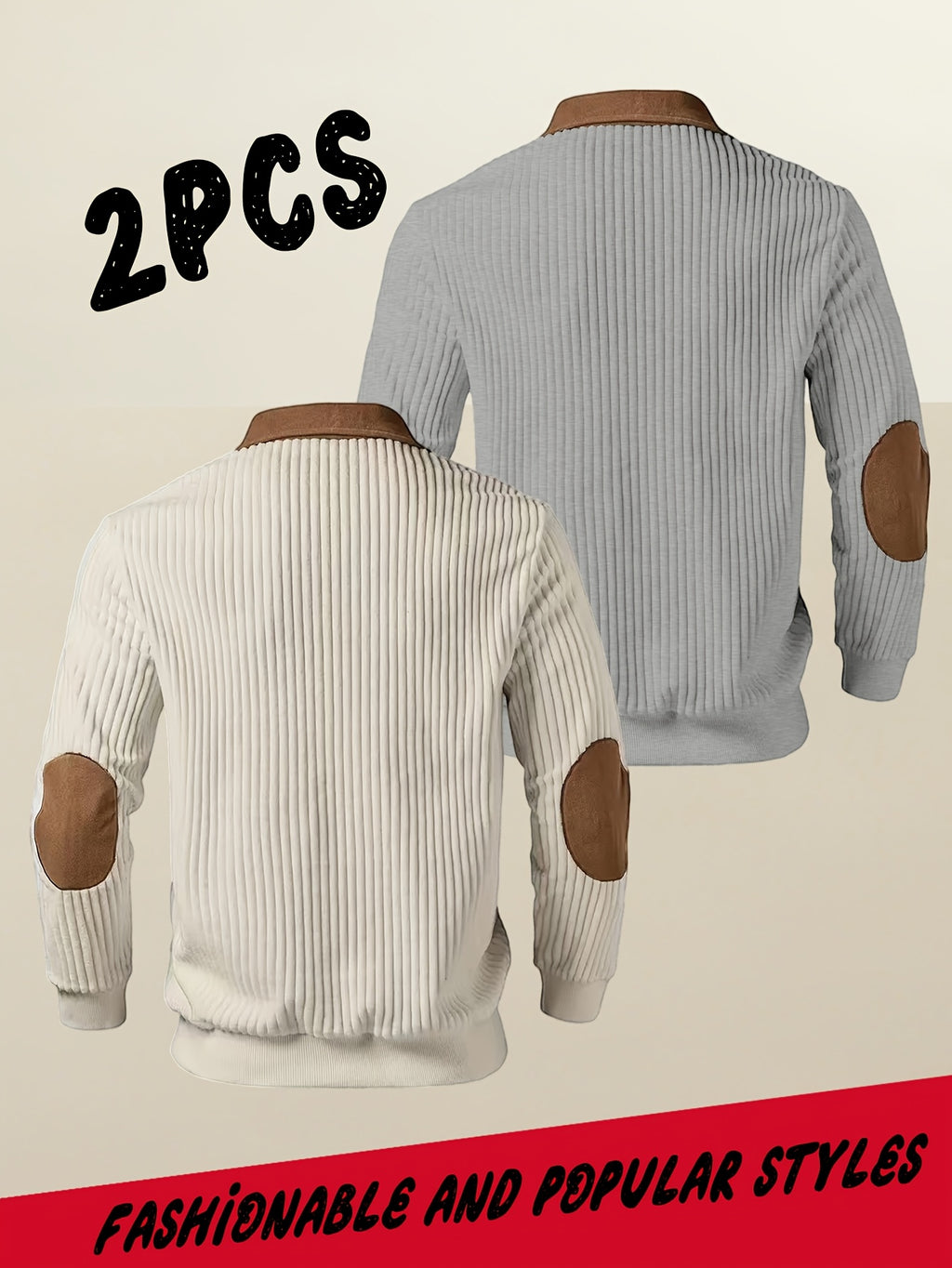 Men's Casual Long Sleeve Lapel Pullover with Patchwork Half-Zip Design, Two-pc, Multiple Colors Available, Men's Outdoor Casual Wear Suitable for Outdoor Sports and Vintage Casual Styling - Apricot+Gray