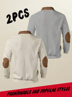 Men's Casual Long Sleeve Lapel Pullover with Patchwork Half-Zip Design, Two-pc, Multiple Colors Available, Men's Outdoor Casual Wear Suitable for Outdoor Sports and Vintage Casual Styling - Apricot+Gray